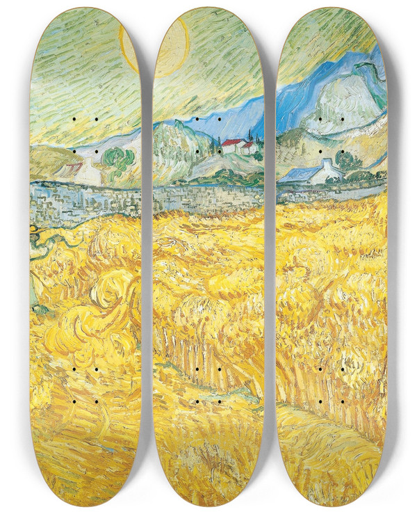 Triptych art skateboard deck of Vincent Van Gogh Wheat Field Behind Saintpaul Hospital With A Reaper by Vincent van Gogh (1853-1890)