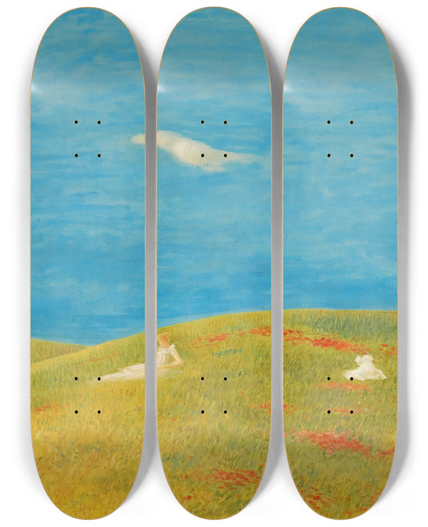 Triptych art skateboard deck of Gaetano Previati Meadow by Gaetano Previati (1852-1920)