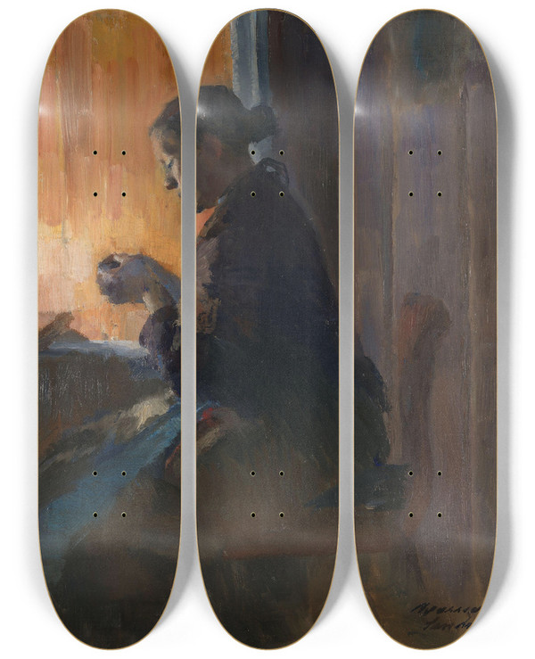 Triptych art skateboard deck of Harriet Backer By Lamp Light by Harriet Backer (1845-1932)