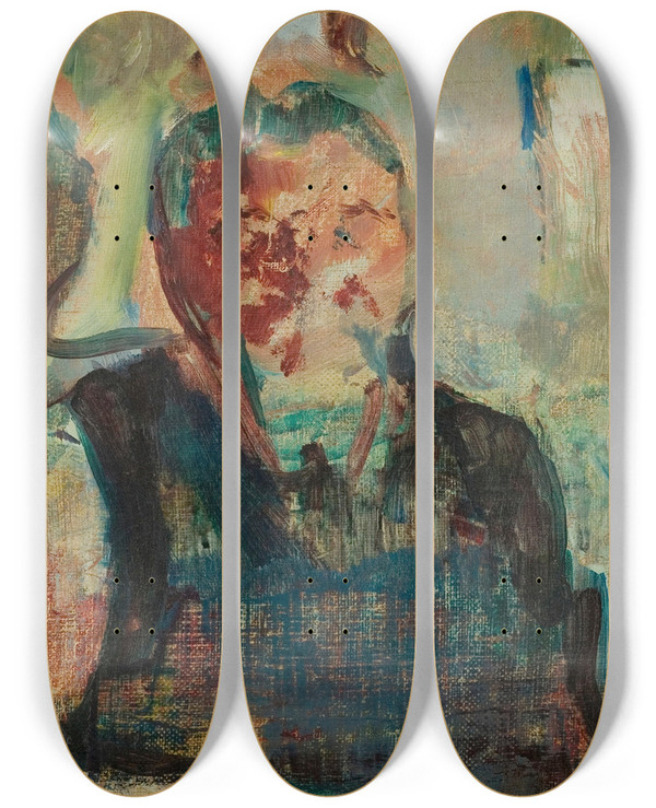 Triptych art skateboard deck of Ludvig Karsten Portrett Av En Fisker by Ludvig Karsten (1876-1926)