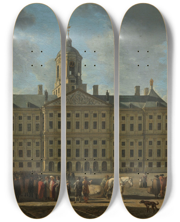 Triptych art skateboard deck of Gerrit Adriaensz Berckheyde The Town Hall On Dam Square Amsterdam by Gerrit Adriaensz Berckheyde (1638-1698)