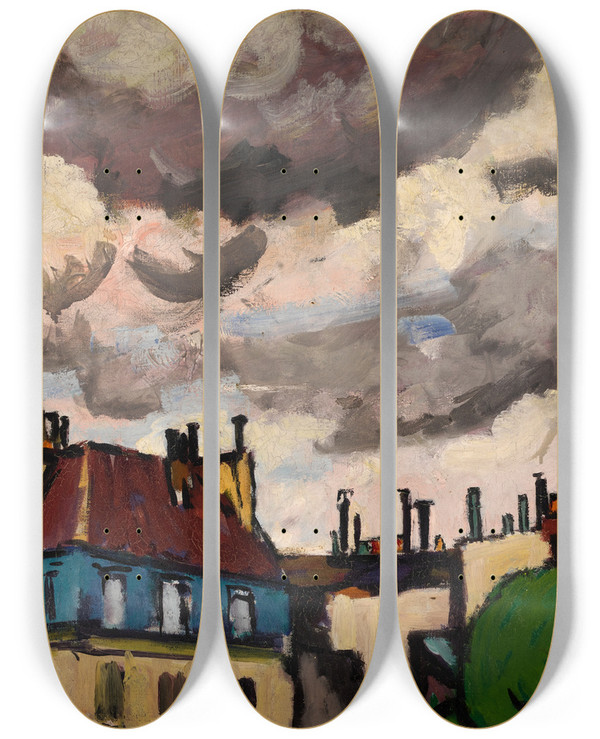 Triptych art skateboard deck of Henry Lyman Saen Rooftops And Clouds Paris by Henry Lyman Saen (1875-1918)
