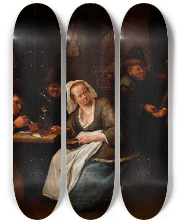 Triptych art skateboard deck of Jan Steen Tavern Scene by Jan Steen (1626-1679)