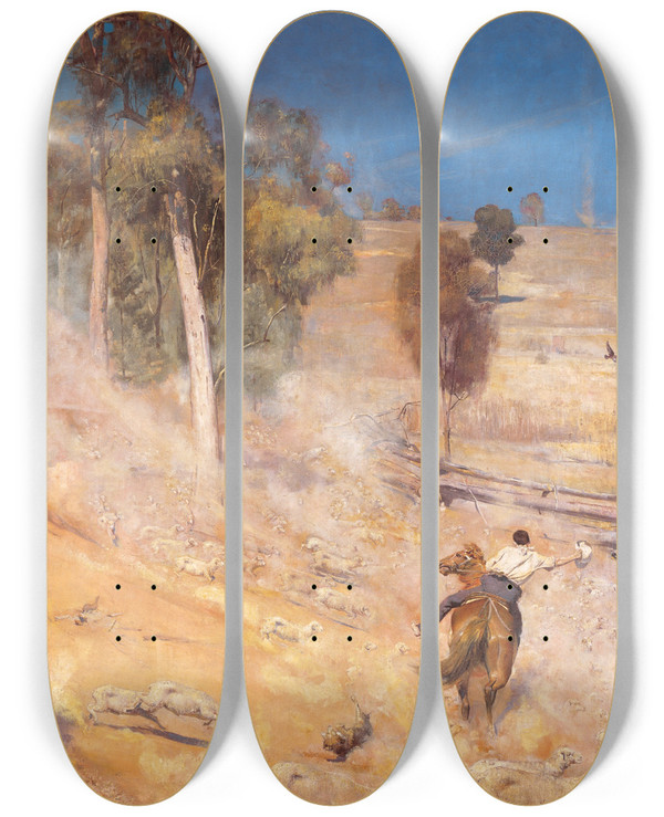 Triptych art skateboard deck of Tom Roberts A Break Away by Tom Roberts (1856-1931)