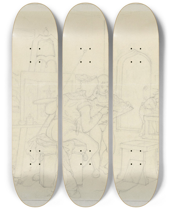 Triptych art skateboard deck of Alexander Hugo Bakker Korff Middeleeuws Atelier Met Schilder En Zijn Helpers by Alexander Hugo Bakker Korff (1824-1882)