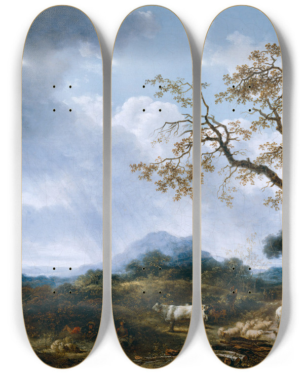 Triptych art skateboard deck of Jeanhonor Fragonard Landscape With Passing Shower by Jean-Honor Fragonard (1732-1806)
