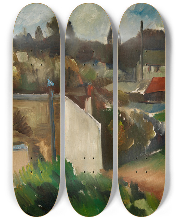 Triptych art skateboard deck of Anton Lindforss Town View France by Anton Lindforss (1890-1943)