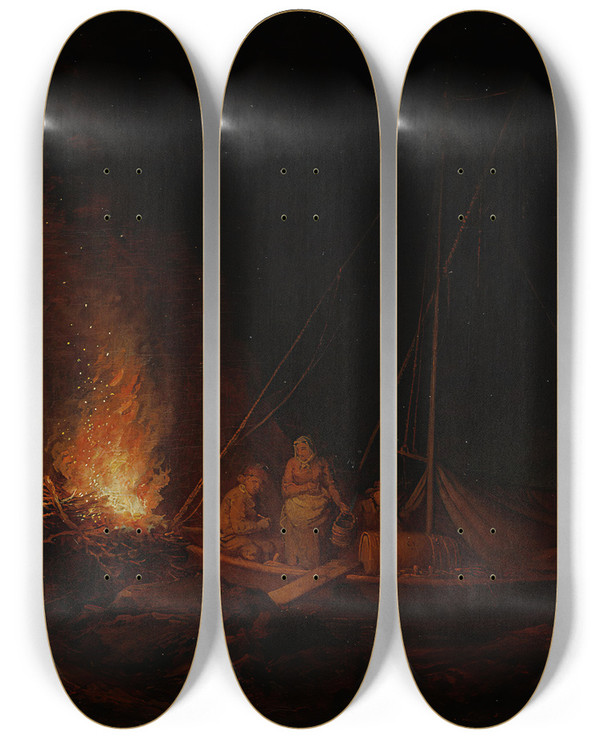 Triptych art skateboard deck of Alexander Laurus Fishermen Lighting A Campfire by Alexander Laureus (1783-1823)
