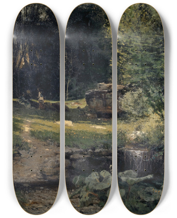 Triptych art skateboard deck of Hans Sandreuter Interior Of A Forest by Hans Sandreuter (1850-1901)