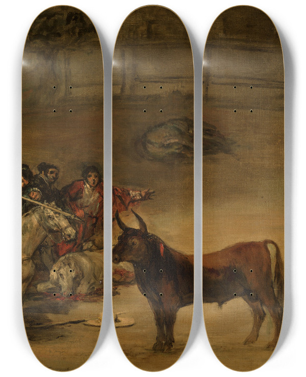 Triptych art skateboard deck of Francisco De Goya Bullfight Suerte De Varas by Francisco de Goya (1746-1828)