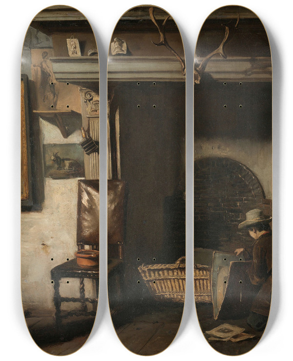 Triptych art skateboard deck of Anton Mauve The Studio Of The Haarlem Painter Pieter Frederik Van Os by Anton Mauve (1838-1888)