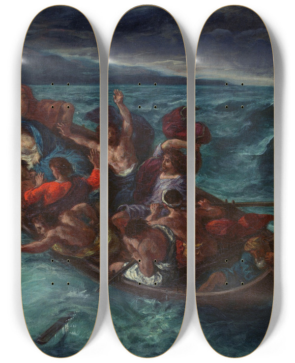Triptych art skateboard deck of Eugne Delacroix Christ Asleep During The Tempest by Eugene Delacroix (1798-1863)