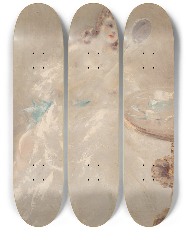 Triptych art skateboard deck of Louis Icart Matin by Louis Icart (1888-1950)