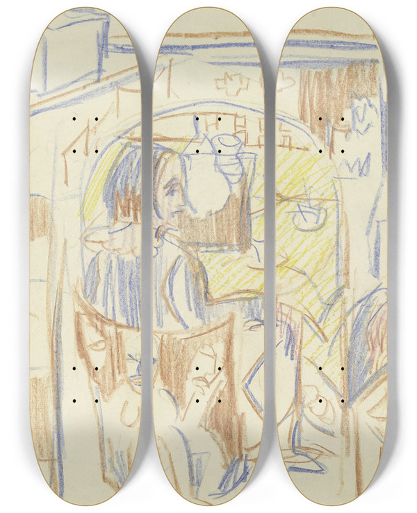 Triptych art skateboard deck of Ernst Ludwig Kirchner Zwei Frauen Am Kaffeetisch In Kirchners Atelier by Ernst Ludwig Kirchner (1880-1938)