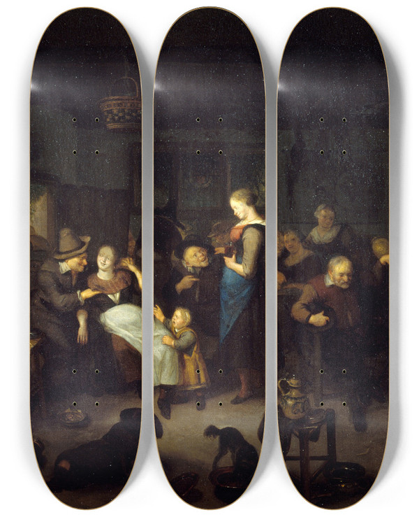 Triptych art skateboard deck of Richard Brakenburgh Intrieur De Cabaret by Richard Brakenburgh (1650-1702)