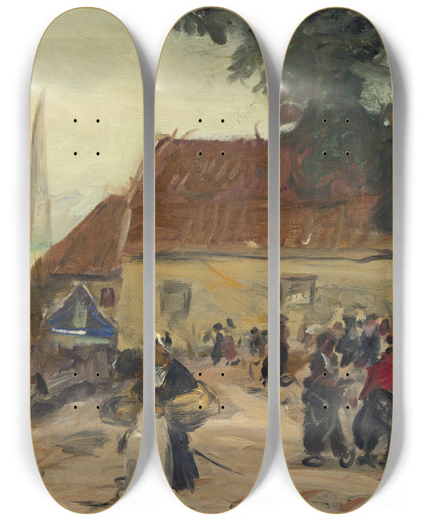 Triptych art skateboard deck of Robert Henri Volendam Street Scene by Robert Henri (1865-1929)