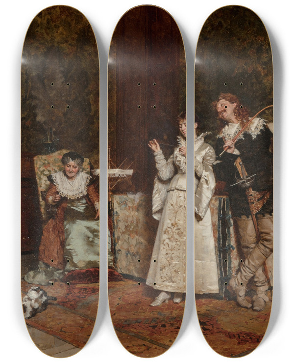 Triptych art skateboard deck of Giovanni Paolo Bedini Watching The Cat by Giovanni Paolo Bedini (1844-1924)