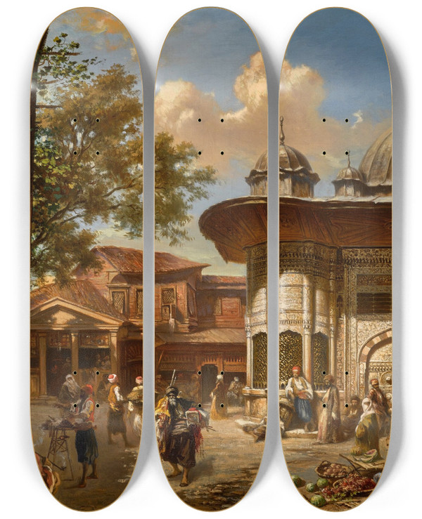 Triptych art skateboard deck of Eugne Flandin The Fountain Of Ahmet Iii Constantinople by Eugene Flandin (1809-1876)