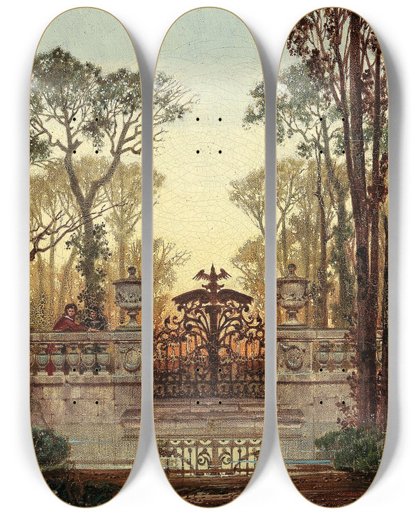 Triptych art skateboard deck of Ferdinand Knab At The Castle Grounds by Ferdinand Knab (1834-1902)