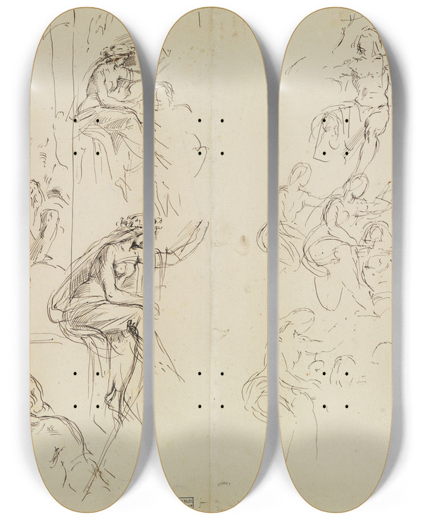 Triptych art skateboard deck of Moritz Von Schwind Studienblatt Mit Kompositionsentwurf Und Einzelskizzen Zu Knig Krokus Und Die Waldnymphe by Moritz Von Schwind (1804-1871)