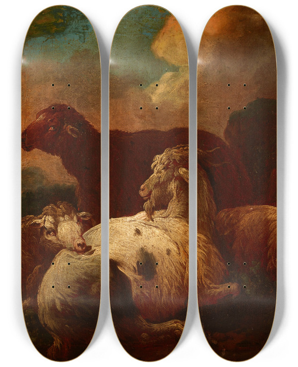 Triptych art skateboard deck of Philipp Peter Roos Goats And Sheep_1 by Philipp Peter Roos (1657-1706)