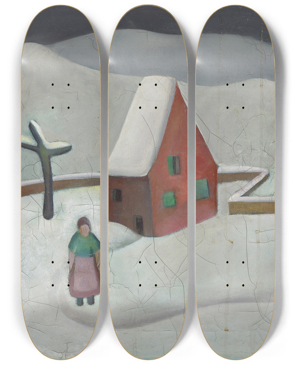 Triptych art skateboard deck of Emanuel Schttli Winterlandschaft Mit Rotem Haus by Emanuel Schottli (1895-1926)