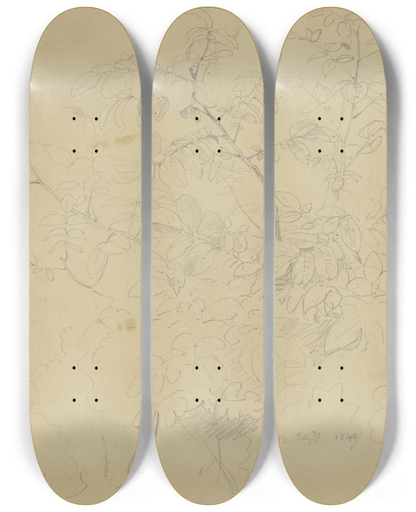Triptych art skateboard deck of Jakob Becker Shrubbery by Jakob Becker (1810-1872)