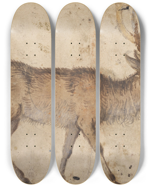 Triptych art skateboard deck of Lucas Cranach The Elder Study Of A Stag by Lucas Cranach The Elder (1472-1553)