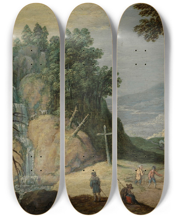 Triptych art skateboard deck of Marten Ryckaert A Rocky Landscape With A Waterfall And Travellers On A Path by Marten Ryckaert (1587-1631)