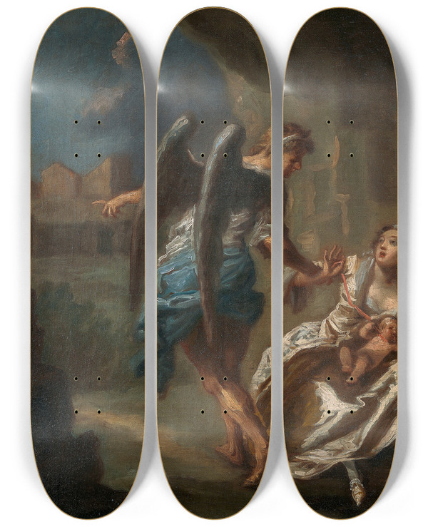 Triptych art skateboard deck of Joseph Highmore The Angel Of Mercy by Joseph Highmore (1692-1780)
