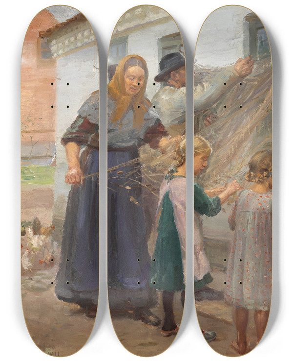 Triptych art skateboard deck of Anna Ancher Fiskegarnene Redes by Anna Ancher (1859-1935)