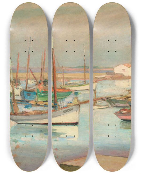 Triptych art skateboard deck of Henri Lebasque Maisons Sur Le Port Lle Dyeu by Henri Lebasque (1865-1937)