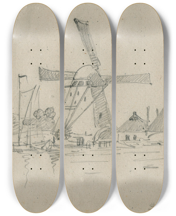 Triptych art skateboard deck of Floris Verster Mills And A Farmhouse On A Lake by Floris Verster (1861-1927)