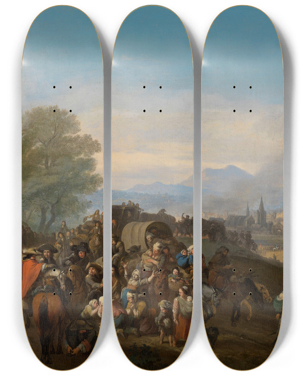 Triptych art skateboard deck of Jan Van Huchtenburg Horrors Of War by Jan Van Huchtenburg (1647-1733)