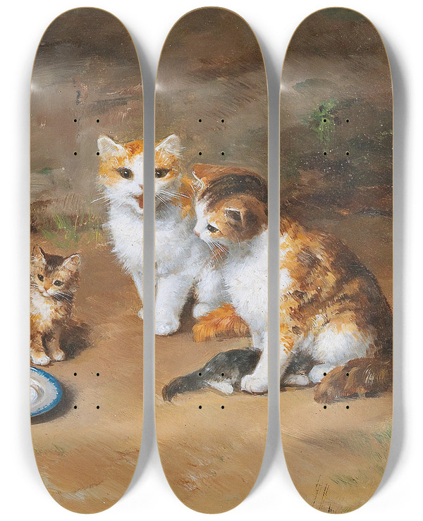 Triptych art skateboard deck of Arthuralfred Brunel De Neuville Cat Family by Arthur-Alfred Brunel de Neuville (1852-1941)