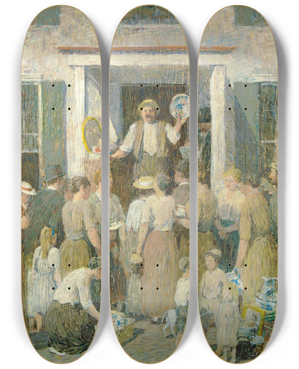 Triptych art skateboard deck of Robert Spencer The Auction by Robert Spencer (1879-1931)