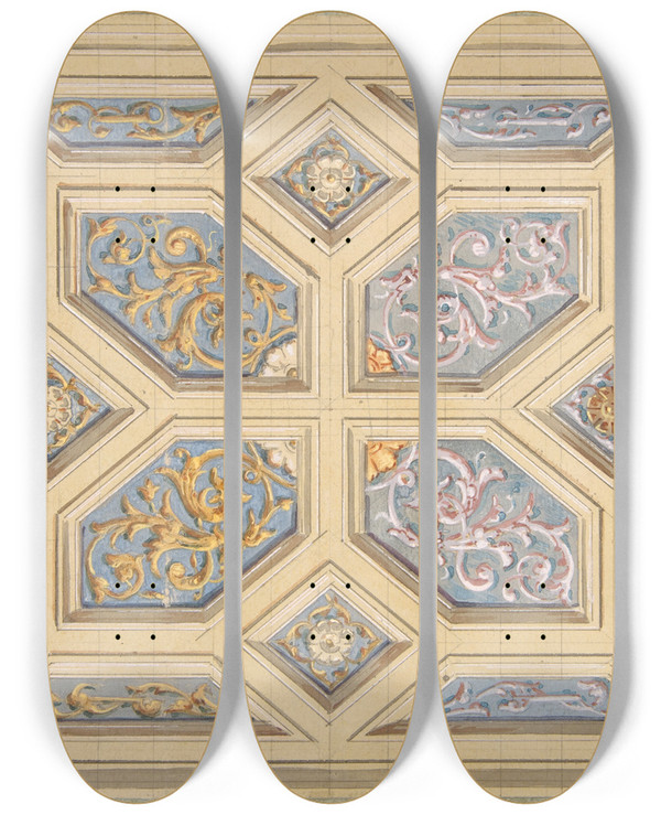 Triptych art skateboard deck of Julesedmondcharles Lachaise Design For A Coffered Ceiling Decorated With Rinceaux by Jules-Edmond-Charles Lachaise (1897)