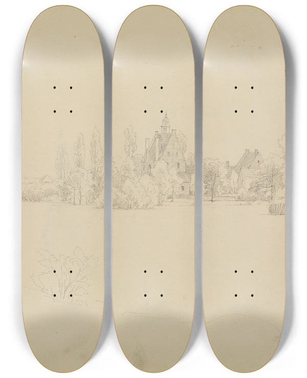 Triptych art skateboard deck of Johann Wilhelm Schirmer Der Quadenhof In Gerresheim Bei Dsseldorf by Johann Wilhelm Schirmer (1807-1863)