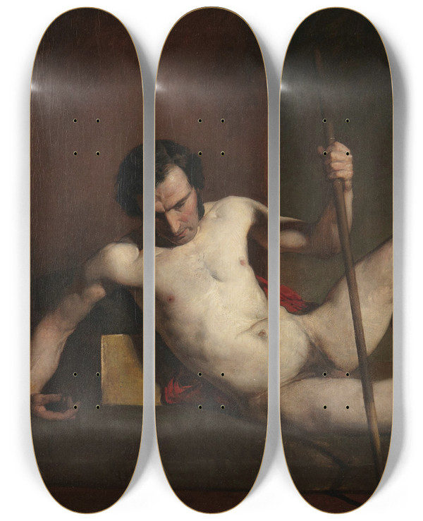 Triptych art skateboard deck of William Etty Male Nude Leaning On Staff by William Etty (1787-1849)