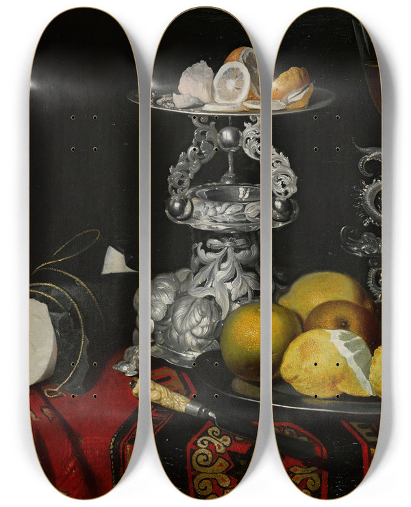 Triptych art skateboard deck of Circle Of Georg Hinz Still Life With A Faondevenise Serpentstemmed Wine Glass A Silver Vessel A Block Of Sugar And Lemons On A Pewter Plate All On A Draped Table by Circle Of Georg Hinz (1630-1688)