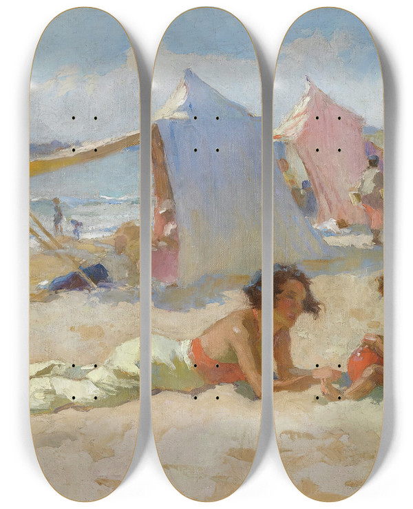 Triptych art skateboard deck of Charles Atamian Playing On The Beach_2 by Charles Atamian (1872-1947)