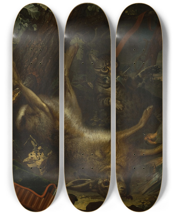 Triptych art skateboard deck of Philipp Ferdinand De Hamilton Hunting Trophies by Philipp Ferdinand De Hamilton (1664-1750)