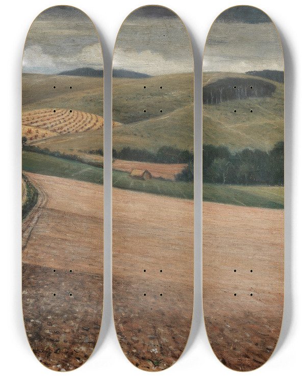 Triptych art skateboard deck of Christopher Richard Wynne Nevinson The Peaceful Rhythms Of The Downs by Christopher Richard Wynne Nevinson