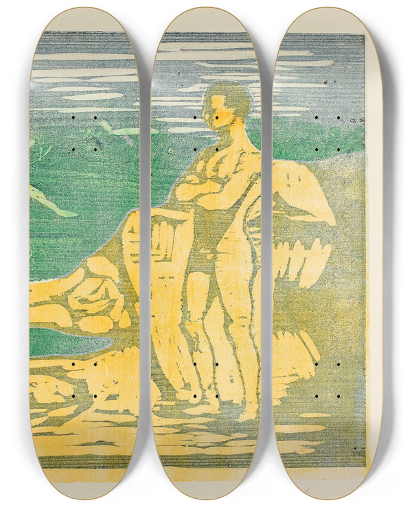 Triptych art skateboard deck of Edvard Munch Boys Bathing_2 by Edvard Munch (1863-1944)