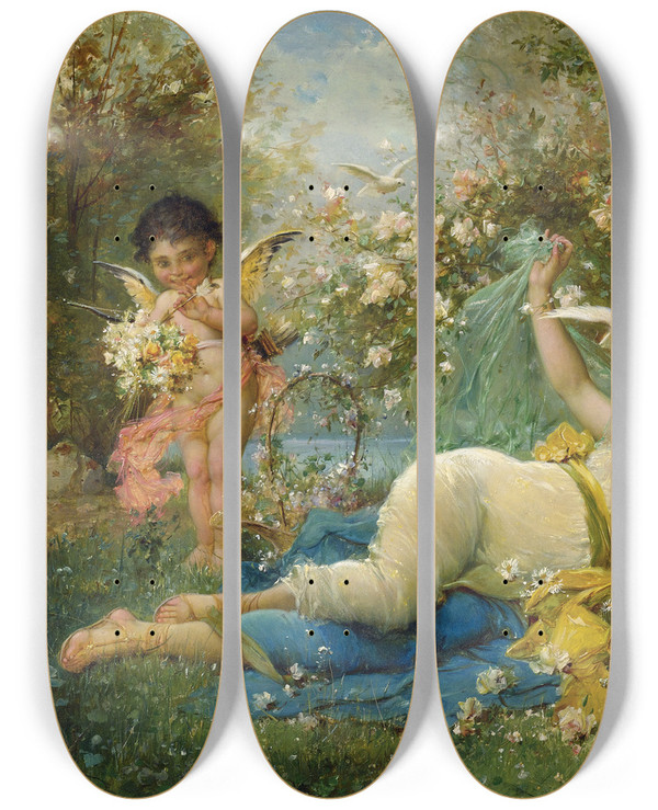 Triptych art skateboard deck of Hans Zatzka Venus And Cupid by Hans Zatzka (1859-1945)