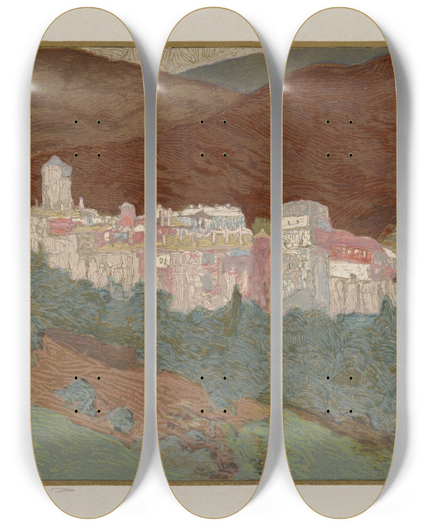 Triptych art skateboard deck of Francoislouis Schmied Athos Le Monastere De Valopedie by Francois Louis Schmied (1873-1941)