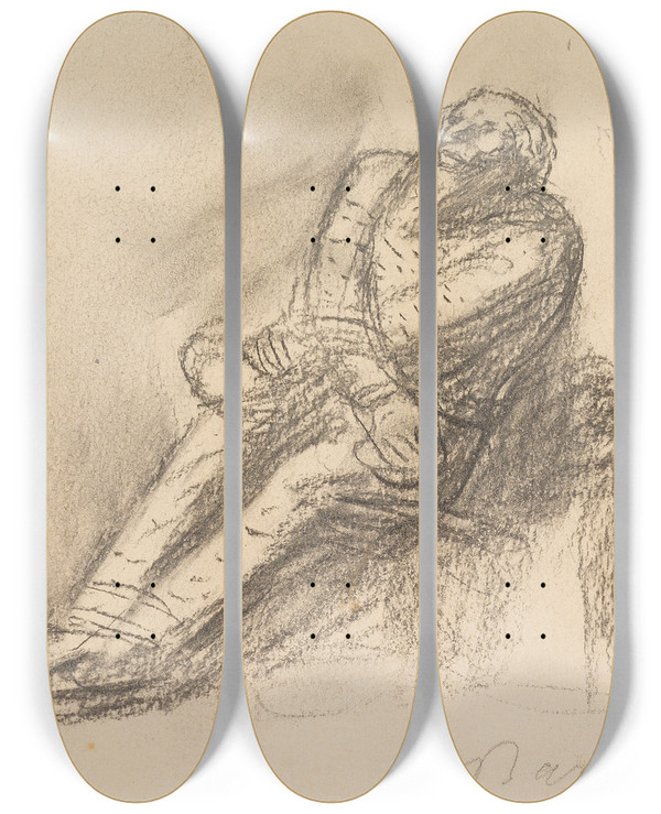 Triptych art skateboard deck of Ernst Barlach Gefesselter Hagen by Ernst Barlach (1870-1938)