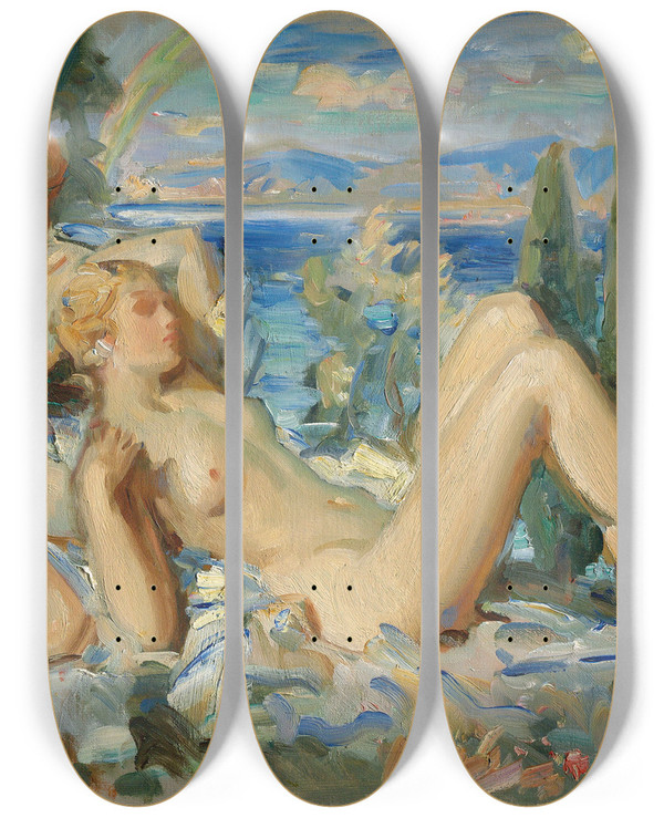 Triptych art skateboard deck of Wilfrid Gabriel De Glehn The Rainbow by Wilfrid Gabriel De Glehn (1870-1951)