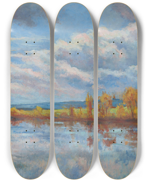 Triptych art skateboard deck of Maximilien Luce Bords De Seine Guernes by Maximilien Luce (1858-1941)