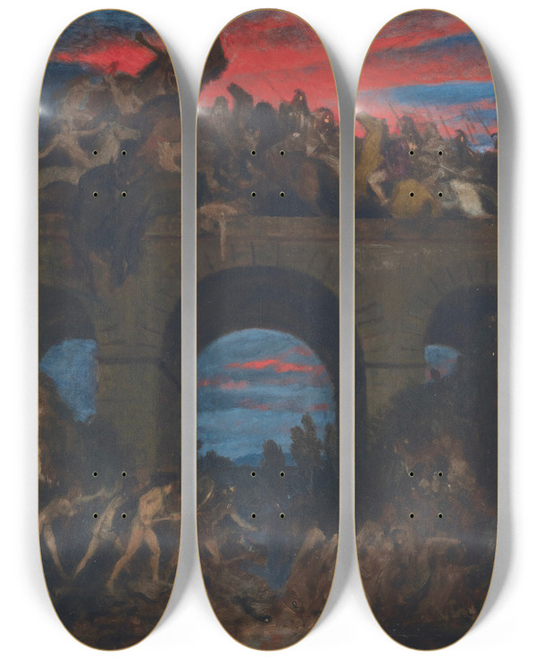 Triptych art skateboard deck of Arnold Bcklin Battle On The Bridge by Arnold Bocklin (1827-1901)